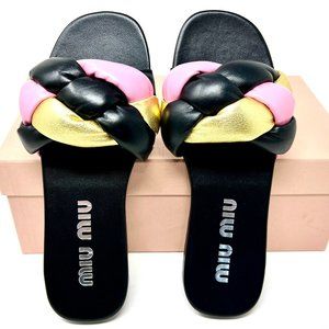 Miu Miu Calzature Donna Napa Black Gold Pink Size 7 Women's Slides Sandals